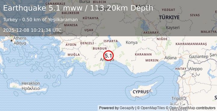 Earthquake 23 km SSE of Kocaaliler, Turkey (5.1 mww) (2025-12-08 10:21:34 UTC)