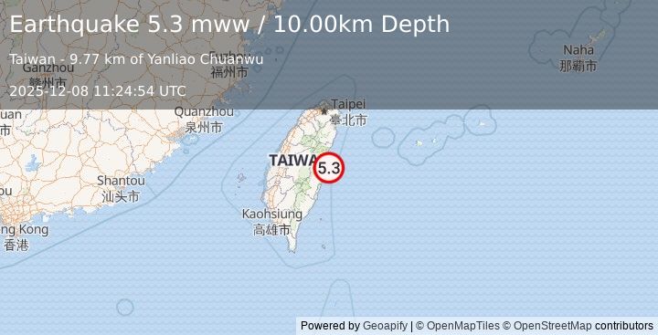 Earthquake 20 km SSE of Hualien City, Taiwan (5.3 mww) (2025-12-08 11:24:54 UTC)