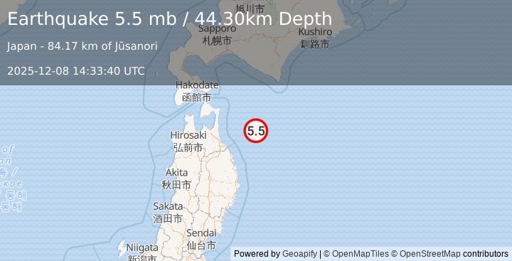 Earthquake 96 km ENE of Hachinohe, Japan (5.5 mb) (2025-12-08 14:33:40 UTC)