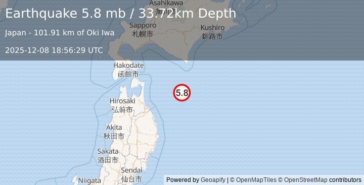 Earthquake 124 km S of Honchō, Japan (5.8 mb) (2025-12-08 18:56:29 UTC)