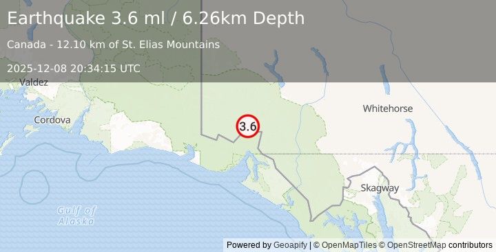 Earthquake 100 km N of Yakutat, Alaska (3.6 ml) (2025-12-08 20:34:15 UTC)