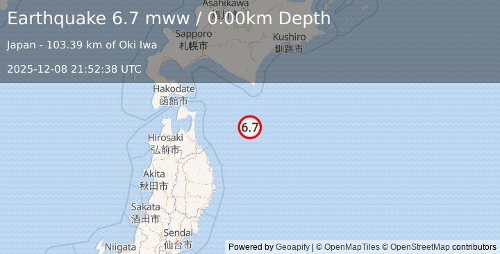 Earthquake 127 km S of Honchō, Japan (6.7 mww) (2025-12-08 21:52:40 UTC)