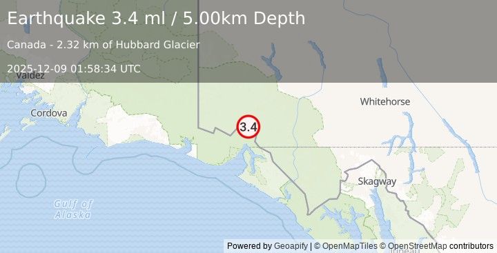 Earthquake 88 km NNE of Yakutat, Alaska (3.4 ml) (2025-12-09 01:58:34 UTC)