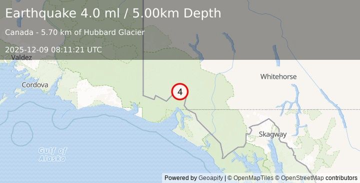 Earthquake 96 km NNE of Yakutat, Alaska (4.0 ml) (2025-12-09 08:11:21 UTC)