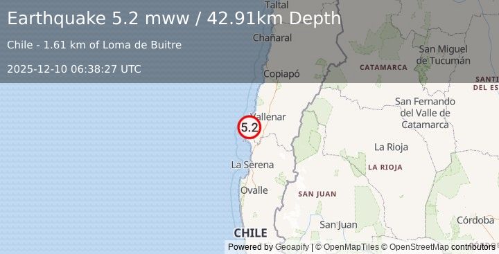 Earthquake 65 km WSW of Vallenar, Chile (5.2 mww) (2025-12-10 06:38:27 UTC)