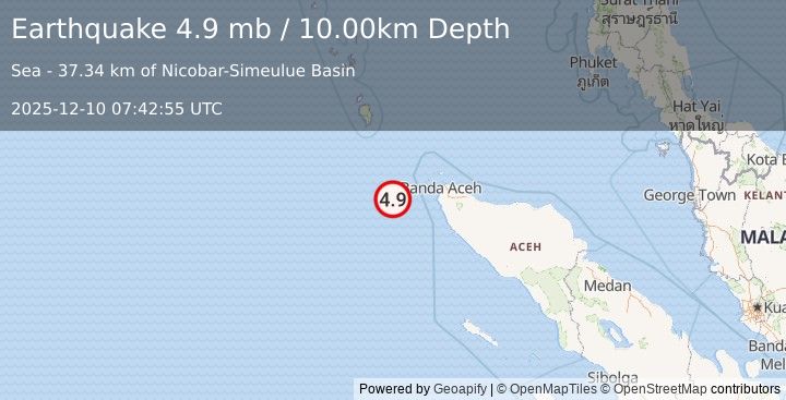 Earthquake 111 km WSW of Banda Aceh, Indonesia (4.9 mb) (2025-12-10 07:42:55 UTC)