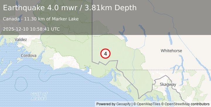 Earthquake 119 km N of Yakutat, Alaska (4.0 mwr) (2025-12-10 10:58:41 UTC)