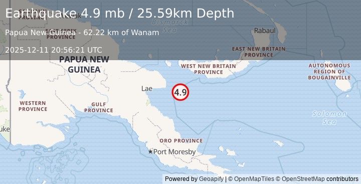 Earthquake 78 km ESE of Finschhafen, Papua New Guinea (4.9 mb) (2025-12-11 20:56:21 UTC)
