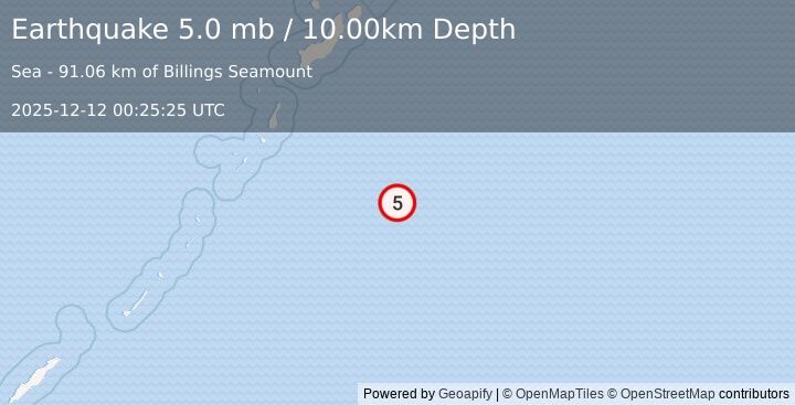 Earthquake 274 km SSE of Severo-Kuril’sk, Russia (5.0 mb) (2025-12-12 00:25:25 UTC)
