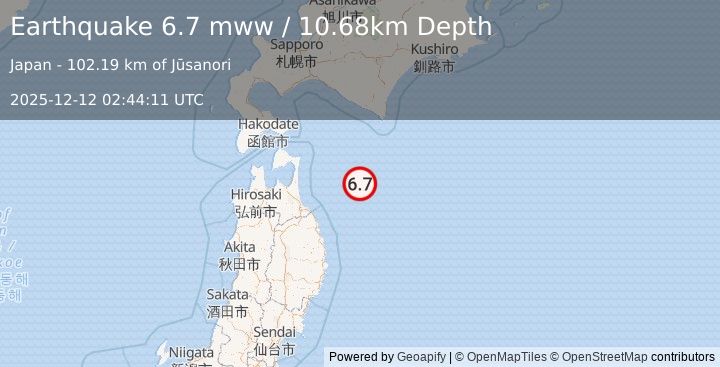 Earthquake 114 km ENE of Hachinohe, Japan (6.7 mww) (2025-12-12 02:44:11 UTC)