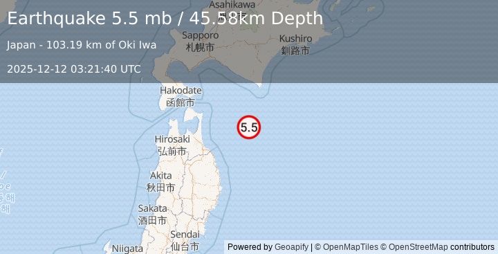Earthquake 122 km S of Honchō, Japan (5.5 mb) (2025-12-12 03:21:40 UTC)