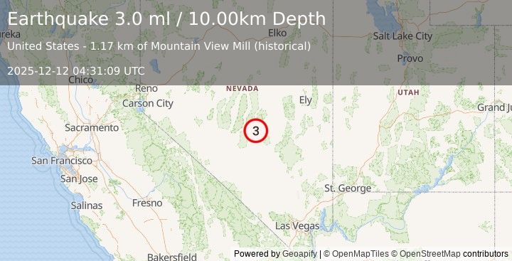 Earthquake 85 km NE of Tonopah, Nevada (3.0 ml) (2025-12-12 04:31:09 UTC)