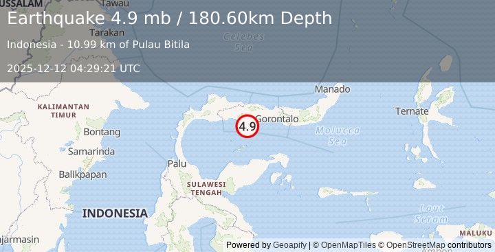 Earthquake 107 km WSW of Gorontalo, Indonesia (4.9 mb) (2025-12-12 04:29:21 UTC)
