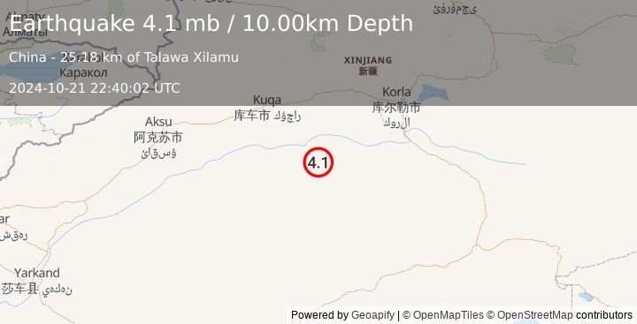 Earthquake 158 km SE of Kuqa, China (4.1 mb) (2024-10-21 22:40:02 UTC)