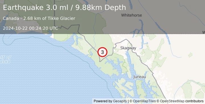 Earthquake 73 km WSW of Mosquito Lake, Alaska (3.0 ml) (2024-10-22 00:24:20 UTC)