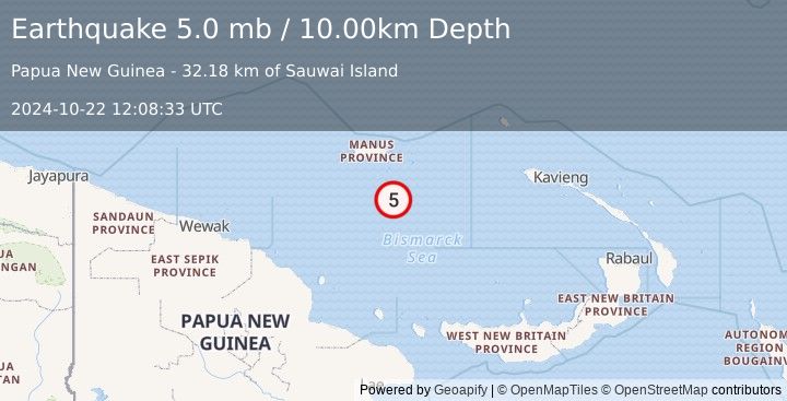 Earthquake 113 km S of Lorengau, Papua New Guinea (5.0 mb) (2024-10-22 12:08:33 UTC)