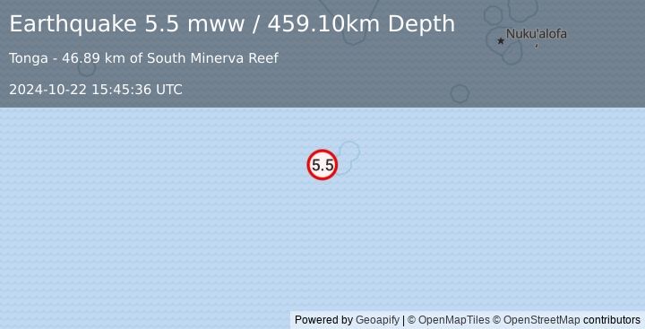 Earthquake south of the Fiji Islands (5.5 mww) (2024-10-22 15:45:36 UTC)