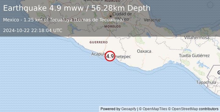 Earthquake 5 km W of Cruz Grande, Mexico (4.9 mww) (2024-10-22 22:18:04 UTC)