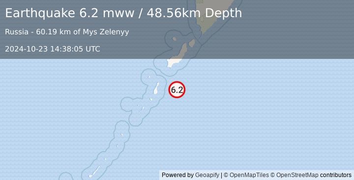 Earthquake 145 km SSW of Severo-Kuril’sk, Russia (6.2 mww) (2024-10-23 14:38:05 UTC)