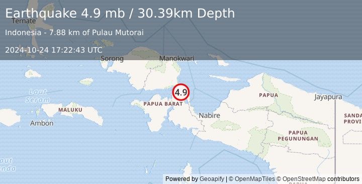 Earthquake 86 km ESE of Bintuni, Indonesia (4.9 mb) (2024-10-24 17:22:43 UTC)