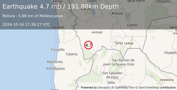 Earthquake 101 km ESE of Ollagüe, Chile (4.7 mb) (2024-10-24 17:39:27 UTC)