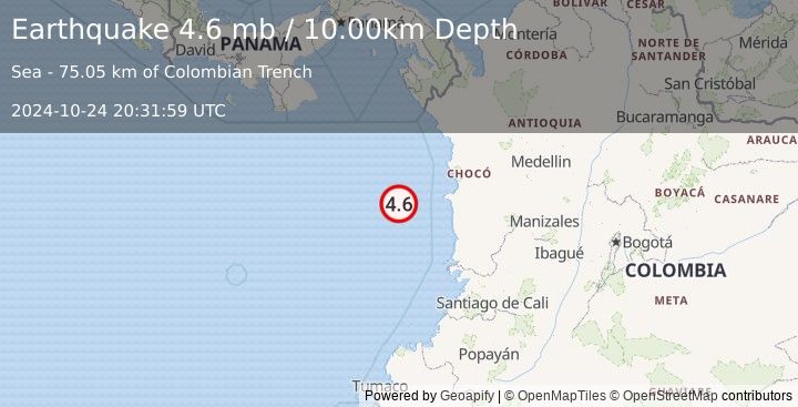 Earthquake 124 km WNW of Pizarro, Colombia (4.6 mb) (2024-10-24 20:31:59 UTC)