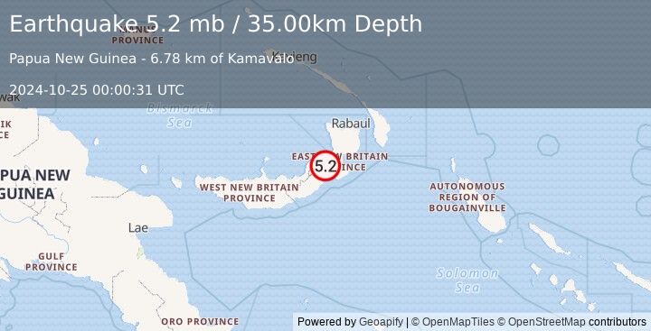 Earthquake 126 km SW of Kokopo, Papua New Guinea (5.2 mb) (2024-10-25 00:00:31 UTC)