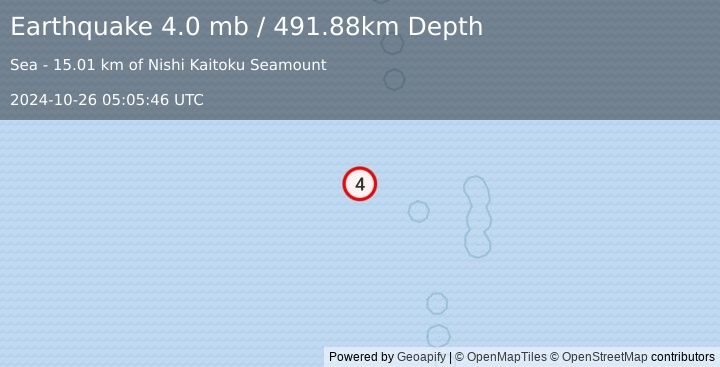 Earthquake Bonin Islands, Japan region (4.0 mb) (2024-10-26 05:05:46 UTC)