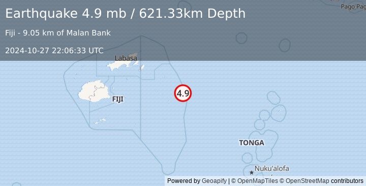 Earthquake 267 km E of Levuka, Fiji (4.9 mb) (2024-10-27 22:06:33 UTC)