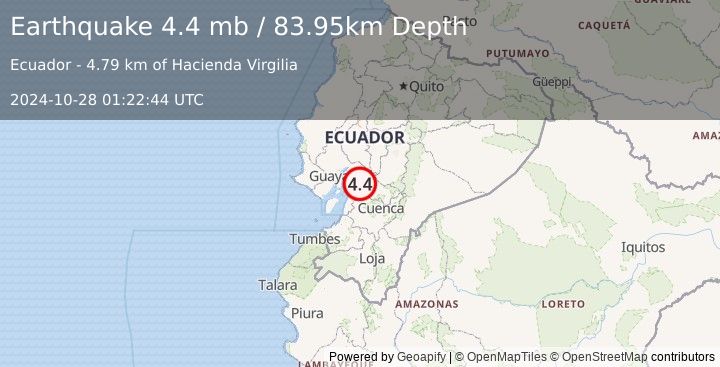 Earthquake 15 km WNW of La Troncal, Ecuador (4.4 mb) (2024-10-28 01:22:44 UTC)