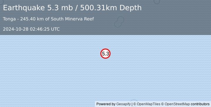 Earthquake south of the Fiji Islands (5.3 mb) (2024-10-28 02:46:25 UTC)