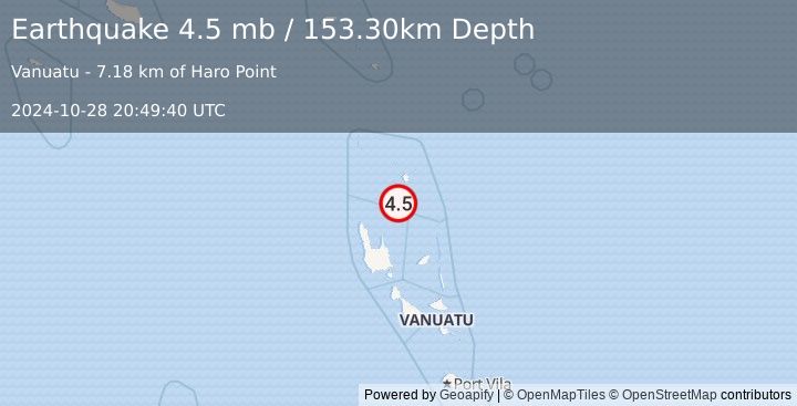 Earthquake 50 km SSW of Sola, Vanuatu (4.5 mb) (2024-10-28 20:49:40 UTC)