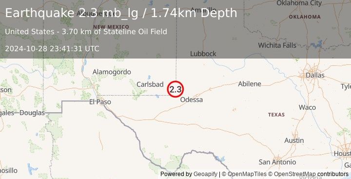 Earthquake 15 km NE of Jal, New Mexico (2.3 mb_lg) (2024-10-28 23:41:31 UTC)