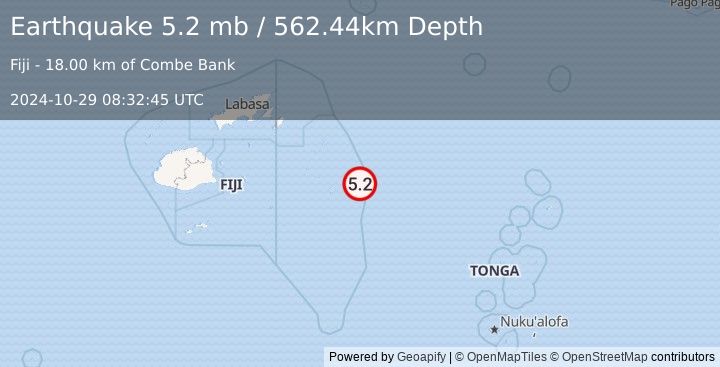 Earthquake 267 km E of Levuka, Fiji (5.2 mb) (2024-10-29 08:32:45 UTC)