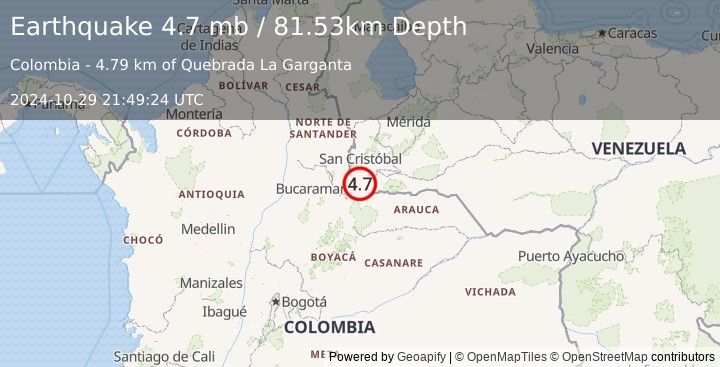 Earthquake 28 km NNW of Cubará, Colombia (4.7 mb) (2024-10-29 21:49:24 UTC)