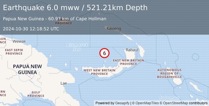 Earthquake 121 km N of Kimbe, Papua New Guinea (6.0 mww) (2024-10-30 12:18:52 UTC)