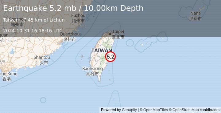 Earthquake 44 km S of Hualien City, Taiwan (5.2 mb) (2024-10-31 16:18:16 UTC)