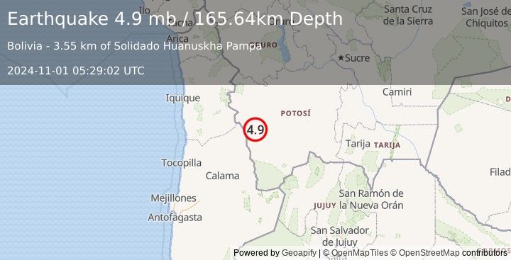 Earthquake 37 km ENE of Ollagüe, Chile (4.9 mb) (2024-11-01 05:29:02 UTC)