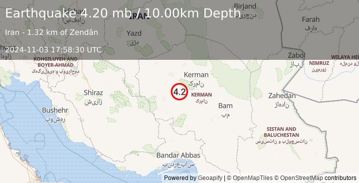 Earthquake 26 km WSW of Bardsīr, Iran (4.2 mb) (2024-11-03 17:58:30 UTC)