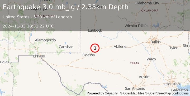 Earthquake 22 km N of Stanton, Texas (3.0 mb_lg) (2024-11-03 18:31:22 UTC)