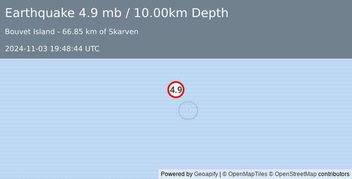 Earthquake Bouvet Island region (4.9 mb) (2024-11-03 19:48:44 UTC)