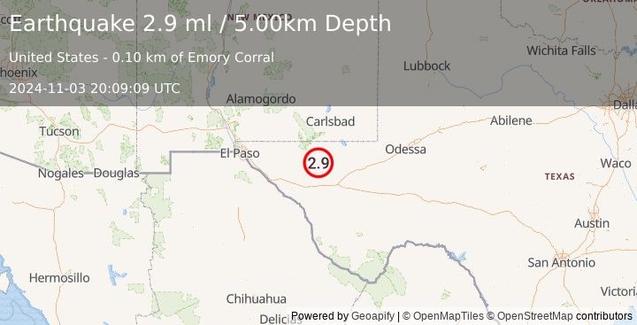 Earthquake 63 km NNE of Van Horn, Texas (2.9 ml) (2024-11-03 20:09:09 UTC)