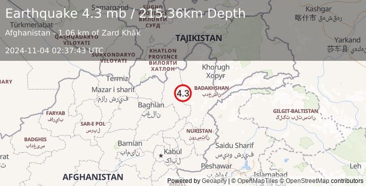 Earthquake 30 km NE of Farkhār, Afghanistan (4.3 mb) (2024-11-04 02:37:43 UTC)