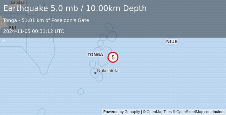 Earthquake 53 km SE of Pangai, Tonga (5.0 mb) (2024-11-05 00:31:12 UTC)