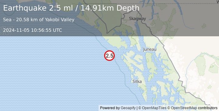 Earthquake 60 km WSW of Elfin Cove, Alaska (2.5 ml) (2024-11-05 10:56:55 UTC)