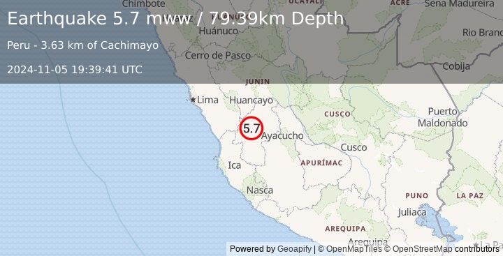 Earthquake 14 km NNW of Santa Ana, Peru (5.7 mww) (2024-11-05 19:39:41 UTC)