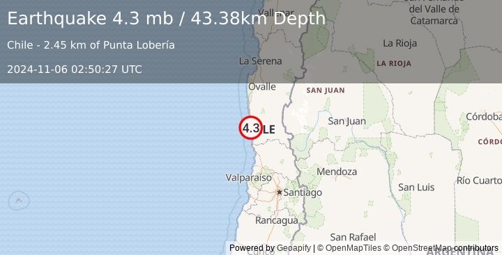 Earthquake 37 km WSW of Illapel, Chile (4.3 mb) (2024-11-06 02:50:27 UTC)