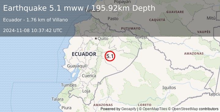 Earthquake 56 km E of Puyo, Ecuador (5.1 mww) (2024-11-08 10:37:42 UTC)