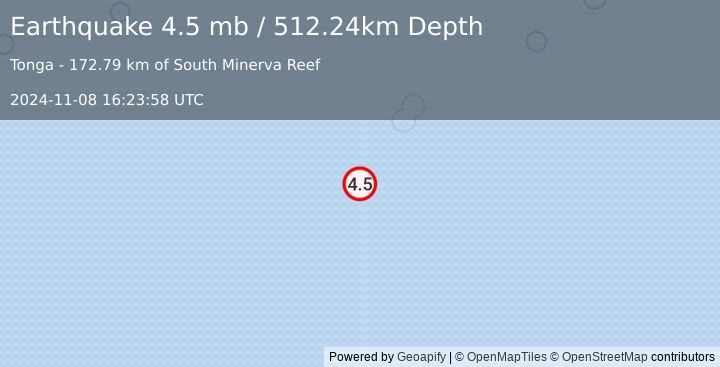 Earthquake south of the Fiji Islands (4.5 mb) (2024-11-08 16:23:58 UTC)