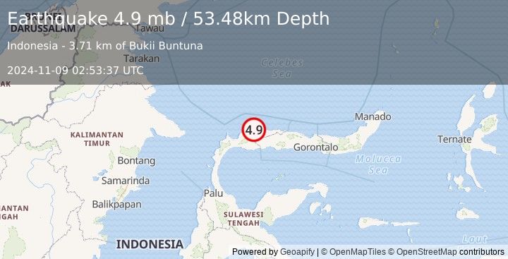 Earthquake 222 km WNW of Gorontalo, Indonesia (4.9 mb) (2024-11-09 02:53:37 UTC)